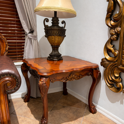 Create a title and a description for two wooden coffee tables (side tables) for a living room.