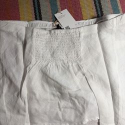 Quince Linen Strapless Top White Smocked Back Size L Coastal Minimalist