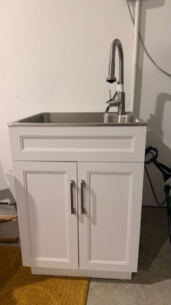 24 in. W x 21 in. D x 34 in. L Stainless Steel Laundry/Utility Sink with Faucet and Cabinet in White