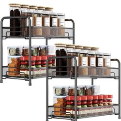 Spice Rack Organizer for Countertop 2 Pack, 2-Tier Counter Foldable Metal Standing Large Seasoning Storage Shelf for Kitchen Cabinet Bathroom Living R