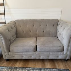 Gray/Silver Tufted Loveseat with Nailhead Trim, Great Condition 