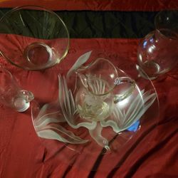 5 Piece/Large/Etched Swan Pitcher&Bowel Serving Set