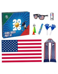 Soccer Fan Gear Set for 2026 World Tournament, Soccer Party Favors Kit with Flag, Scarf, Face Paint, Clapper, Horn&Glasses, Supporter Accessories for 