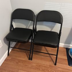 2x Black Metal Folding Chairs With Cushion Seat