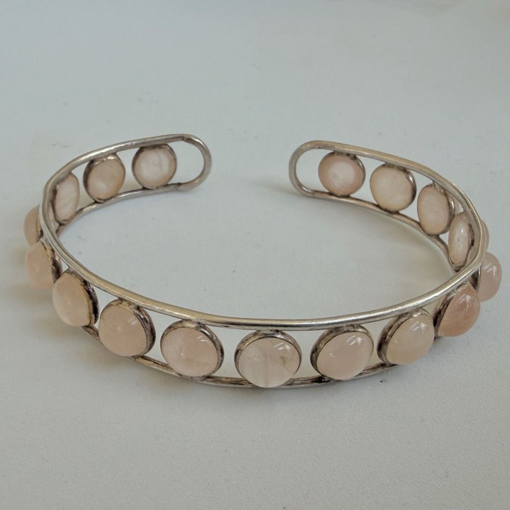 Sterling Silver Adjustable Rose Quartz Cabochon Cuff Bracelet