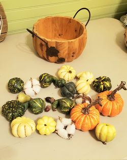 Wood basket and Thanksgiving decorations
