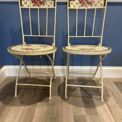 Pair Of Floral Ceramic/mosaic Tile Folding Chairs