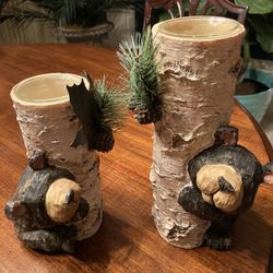 Two Rustic Bear Candle Holders 