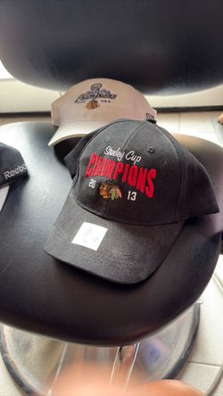 Collection of black hawks champion memorabilia
