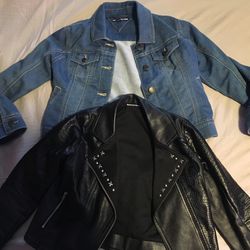 Faux Leather Studded Kids Motorcycle Jacket & Tommy Hilfiger Button Up Jean Jacket Little Girls Size 6/7
