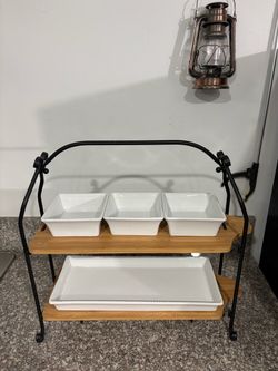 2-Tier Serving Stand with White Ceramic Dishes