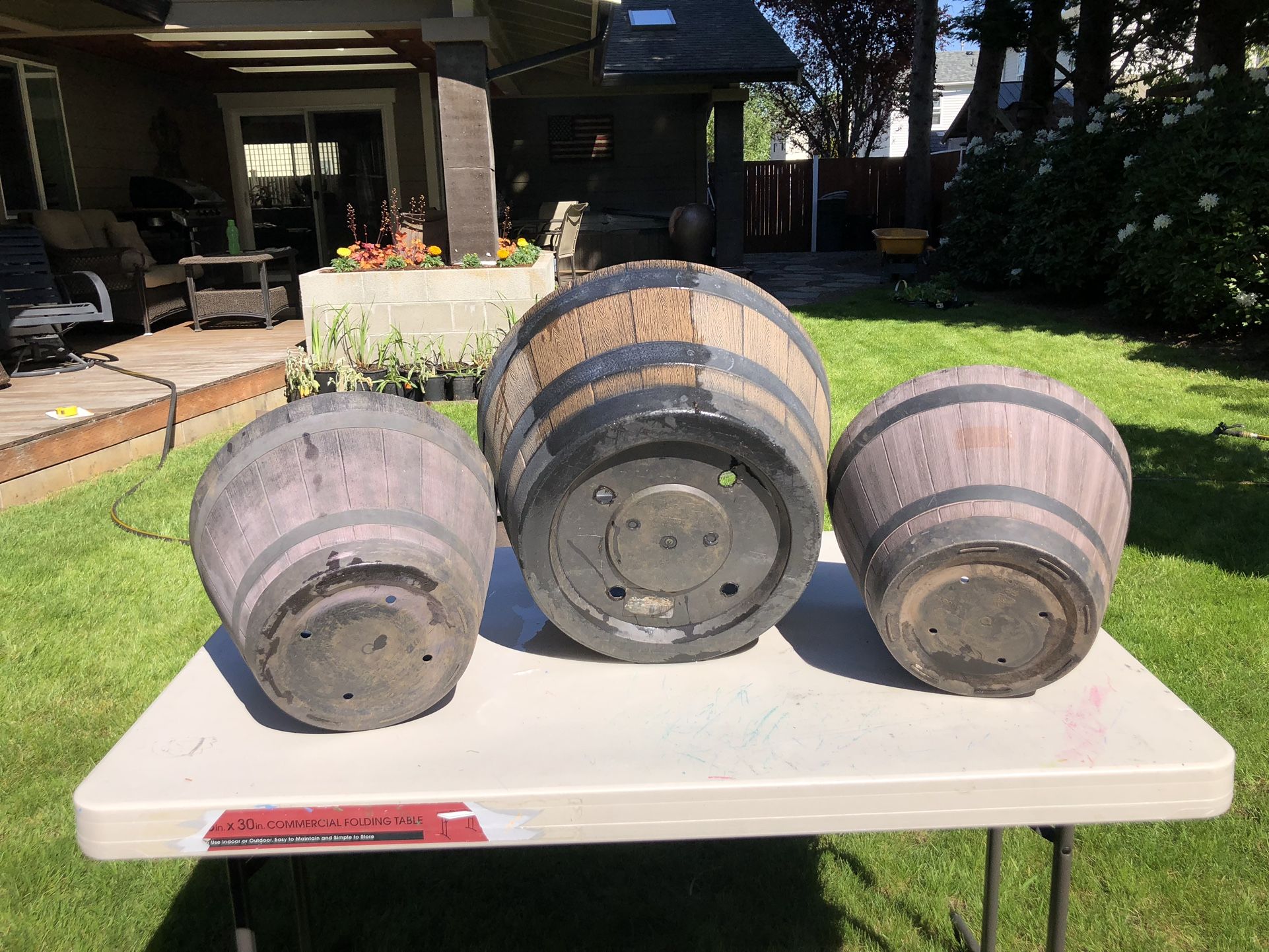 3 Coordinating Plastic Wood Barrel Design Planters for Sale in Lacey, WA OfferUp