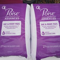 New 2 Bags, Poise FRESH PROTECTION ADVANCED DAY & NIGHT PADS. 27 Each Bags