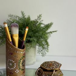 Vintage Mirrored Makeup Brush / Pen Holder & Trinket Box. Handcrafted in Jaipur, India 