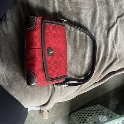 Coach Red Signature Shoulder Bag with Brown Leather Trim