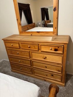 Solid Knotty pine 9-Drawer Dresser with mirror & Full Bed Frame and mattress