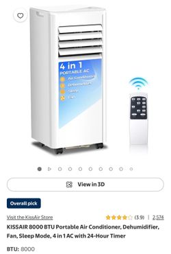KISSAIR 8,000 BTU Portable Air Conditioner – For Repair/Parts – $30