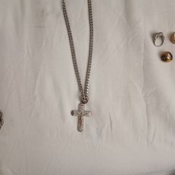 Old Slightly Worn Silver Chain And Cross