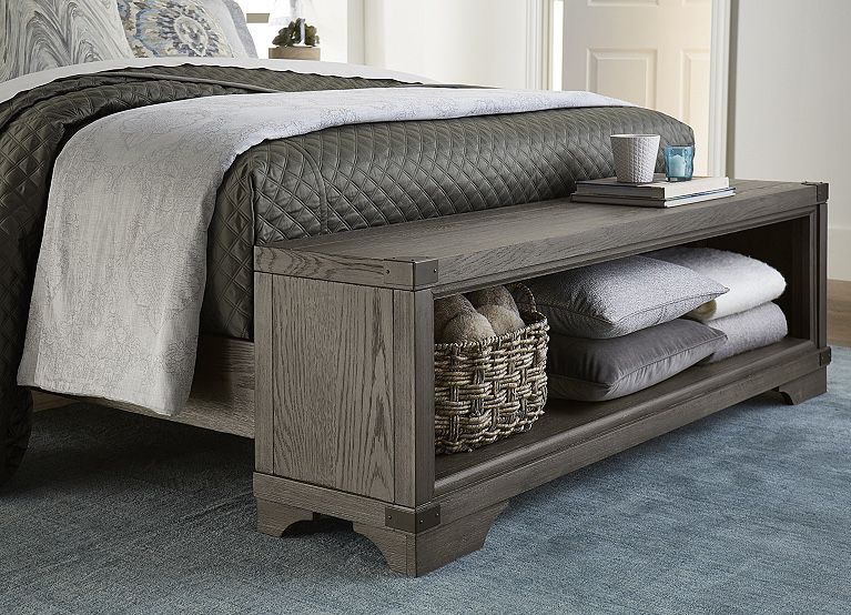Victory Creek king bed frame with bench and storage.