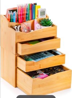 Yopay 2 Pack Bamboo Desk Organizer, Stackable Desktop Organizers with 3 Drawers, Bamboo Office Tabletop, Countertop Organization for Stationery, Makeu