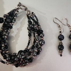 Black Gray Glass Bead Bracelet Matching Drop Earrings NEW!