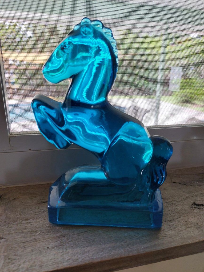 VINTAGE BLUE GLASS REARING HORSE BOOKEND