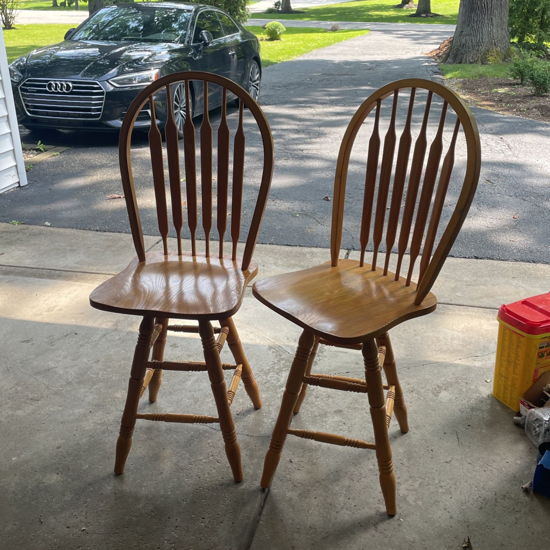 2 Solid Oak Swivel Chairs/stools