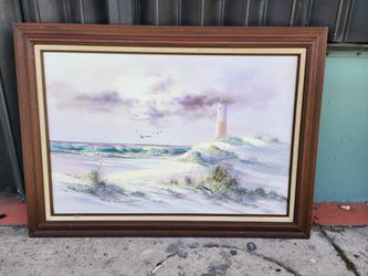 Beautiful Vintage Original Oil On Canvas Ljghthouse Beach Painting