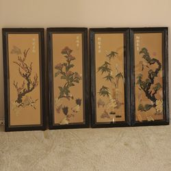 Moving sale! Chinese four-panel hanging flower and bird hanging screens relief wall decorations