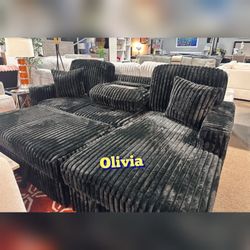 Comfortable soft Black corduroy sectional pullout bed drop down table w/ cup holders