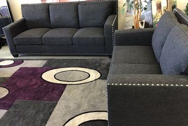 Brand New Dark Gray Linen Fabric 2pc Set With Nail Studded Trim