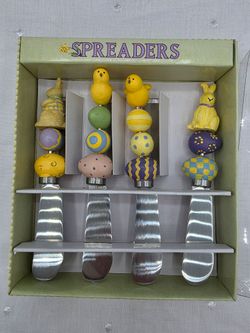 2002 Vintage DEBBIE MUMM Spring Easter Bunny Eggs Chicks Cheese Spreaders Knives