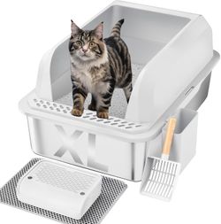 Stainless Steel Cat Litter Box with Lid, XL Large Litter Box for Big Cats, Enclosed Kitty Litter Pan with High Sides, Anti-Leakage&Non-Stick, Easy to 
