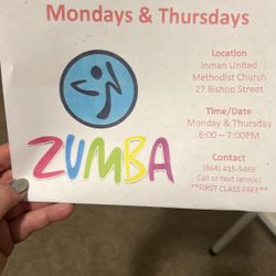 Zumba First Class Free Inman United Methodist Church 