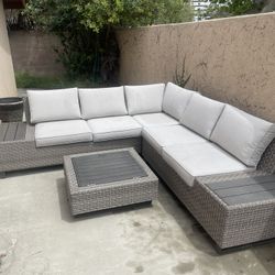 White And Grey Outdoor Sofa + Storage Table