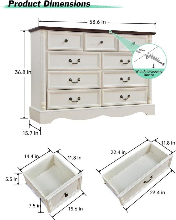 9 Drawers Dresser, 54" Wide Farmhouse Chest of Drawers with Charging Station, Distressed Finish Design, Modern Storage Dressers Organizer TV Stand for