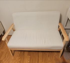 2-seater loveseat, wood, beige, upholstered