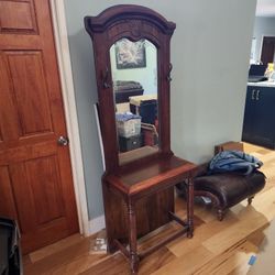 Vintage Wooden Hall Tree With Mirror