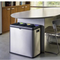 Step N' Sort 16 Gal, 3 Compartment Open Top Trash and Recycling Bin, Silver (OPN603)