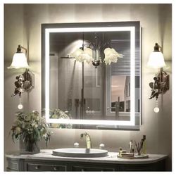 ☀️#8080 32 in. W x 32 in. H Square Frameless Front and Back LED Lighted Anti-Fog Tempered Glass Wall