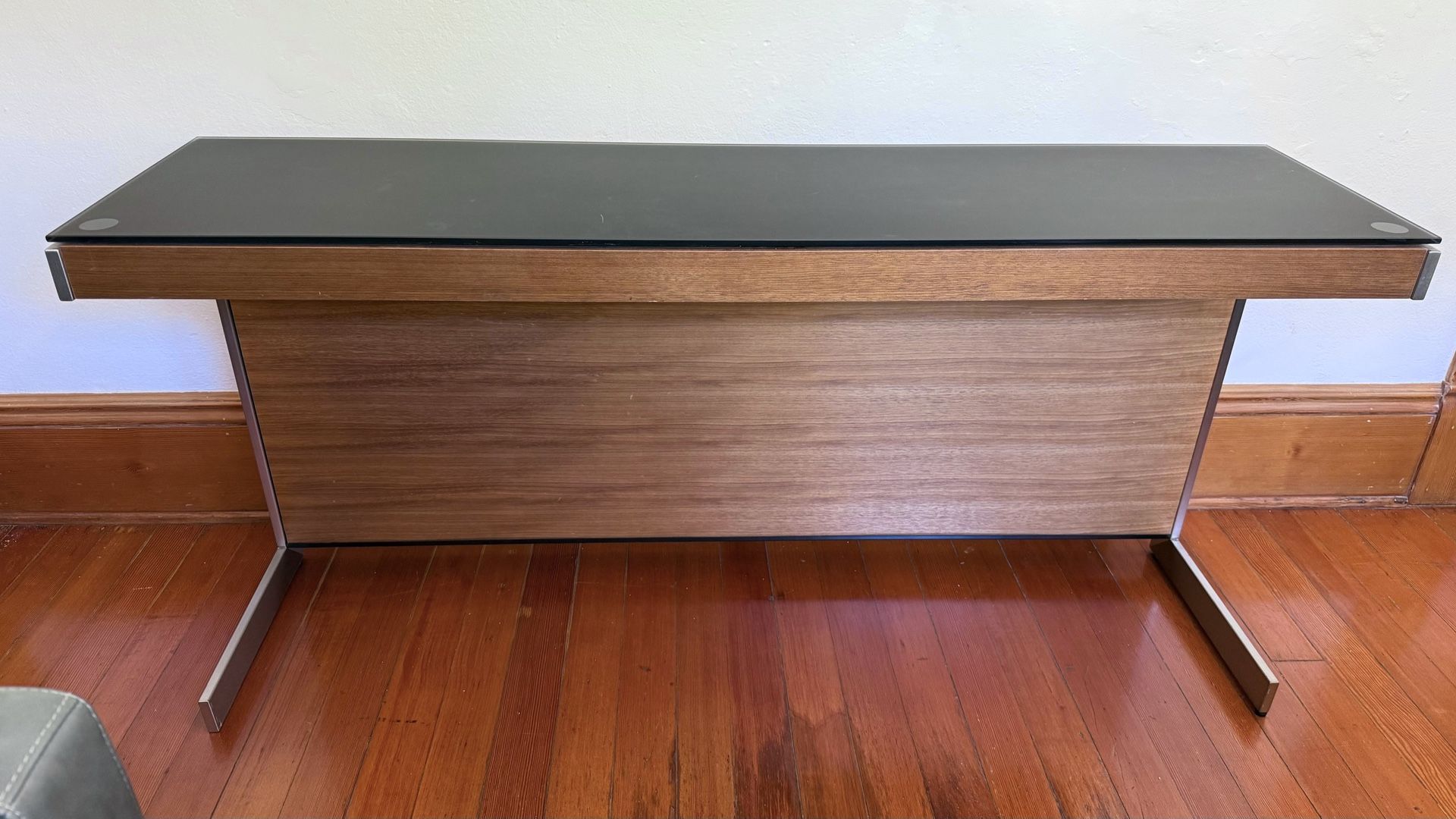 BDI Designer Desk in Black Matte Glass Top, Medium Brown Wood, & Stainless Steel