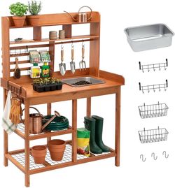 B360-OOOK Potting Bench, Nordic Scots Pine Potting Table, Removable Sink, Workstation for Outside Patio Lawn, Wooden Garden Work Station