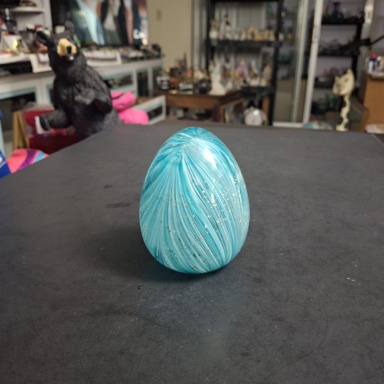 Hand Blown Turquoise Swirl W/Silver Flecks Art Glass Hollow Egg Sculpture- Decorative Paperweight & Home Accent 3.75"H