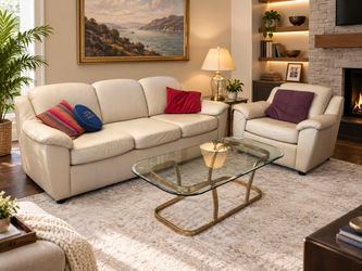 Living Room Furniture Set – Leather Sofa, Chair, Tables & Lamp