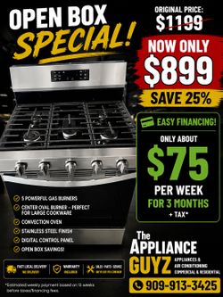 $75 per week for 3 months + tax* 🔥 OPEN BOX SPECIAL 🔥 🍳 Stainless Steel Gas Range 🍳