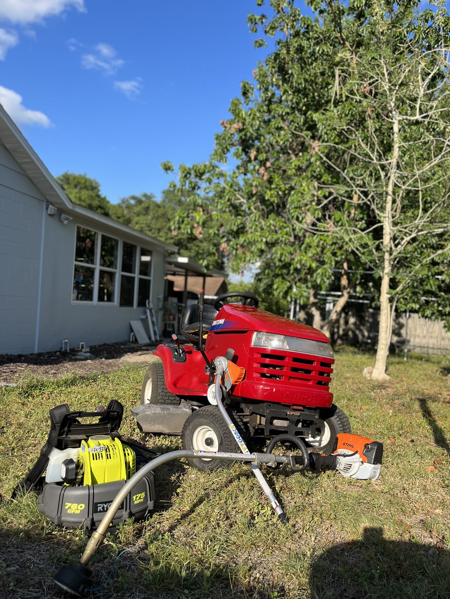 18.5hp Craftsman DYT4000/ STIHL Multitasking Power Head Including Edger Attachment And Weed Eater Attachment/ With RYOBl Gas Backpack Blower