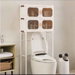 Over The Toilet Storage Cabinet, Free Standing Toilet Rack with Acrylic Door and Adjustable Feet Pad