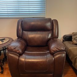 Brown Leather Power Recliner with Nailhead Trim