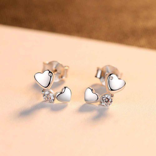 "Double Heart Dainty CZ 925 Sterling Silver Plated Earrings for Women, P1040
 
  