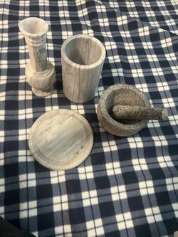 If Listing Is Up, It’s Available-‘Marble’ Style Vase, Tray, & Utensil Holder And Granite Mortar & Pestle